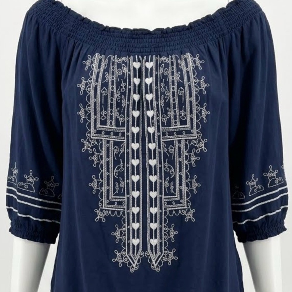 New York & Company Navy Off-Shoulder Embroidered Tunic